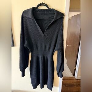 Black Knit V-Neck Long Sleeve Sweater Dress